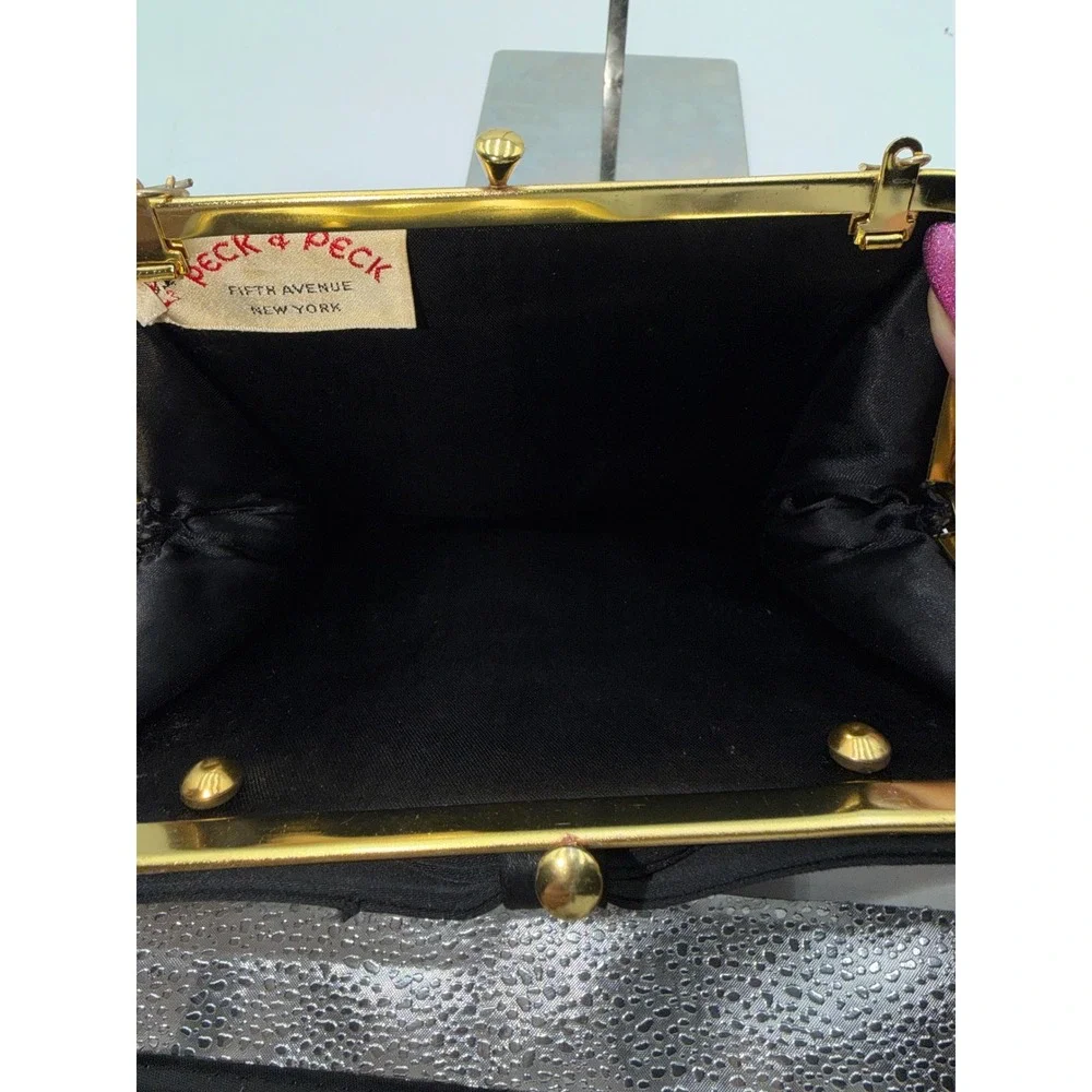 Peck & Peck Vintage Fifth Avenue Black Silk Crepe Bow Evening Bag Gold Chain